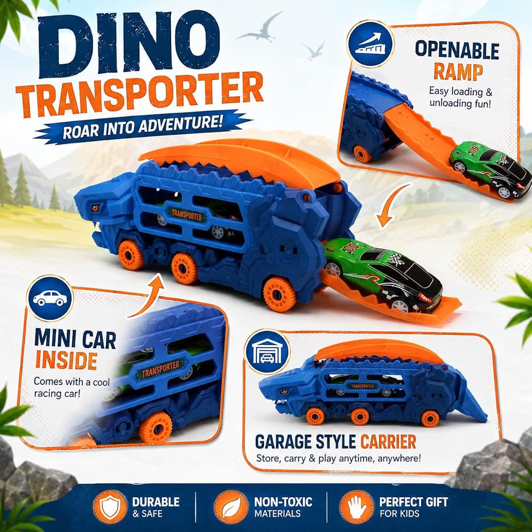 Dino Transporter Truck for Kids 3+ | 2-in-1 Car Carrier & Launch Ramp, 1 Car Included