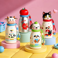 Cute Animal Insulated Water Bottle for Kids, 420 mL | Steel, Leak-Proof, Straw + Sip Lid