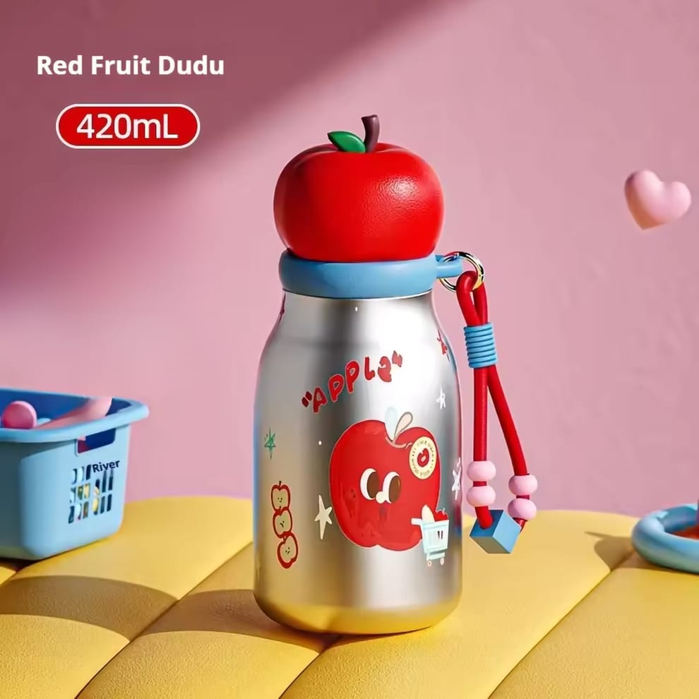 Cute Animal Insulated Water Bottle for Kids, 420 mL | Steel, Leak-Proof, Straw + Sip Lid