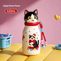 Cute Animal Insulated Water Bottle for Kids, 420 mL | Steel, Leak-Proof, Straw + Sip Lid