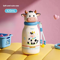 Cute Animal Insulated Water Bottle for Kids, 420 mL | Steel, Leak-Proof, Straw + Sip Lid