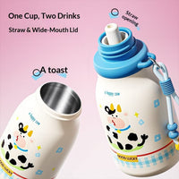 Cute Animal Insulated Water Bottle for Kids, 420 mL | Steel, Leak-Proof, Straw + Sip Lid