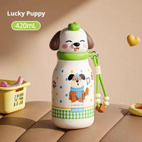 Cute Animal Insulated Water Bottle for Kids, 420 mL | Steel, Leak-Proof, Straw + Sip Lid